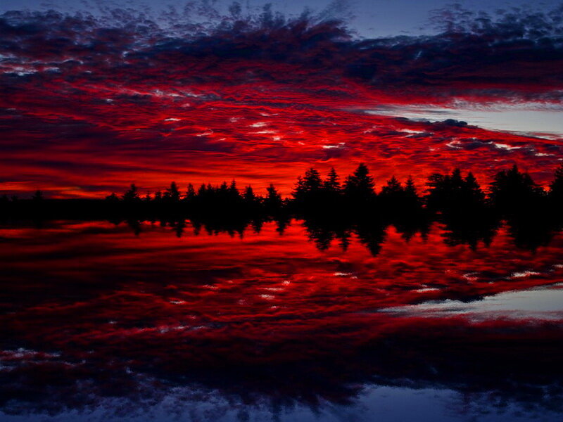 Red Sunset over Lake — Dramatic, Photograph, Trees, Sky