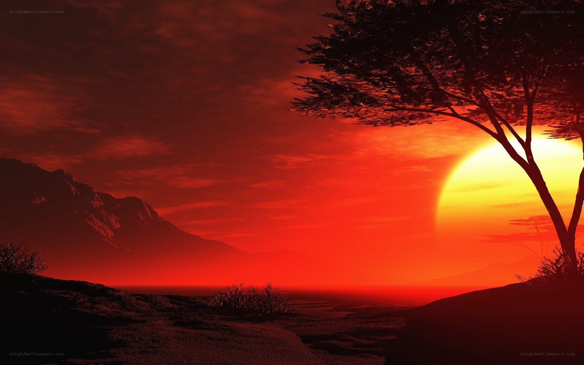 Red sunset over mountains