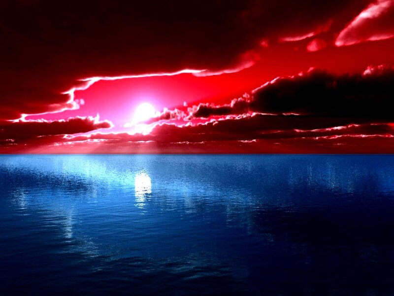 Red Sunset over Ocean — Dramatic, Digital Art