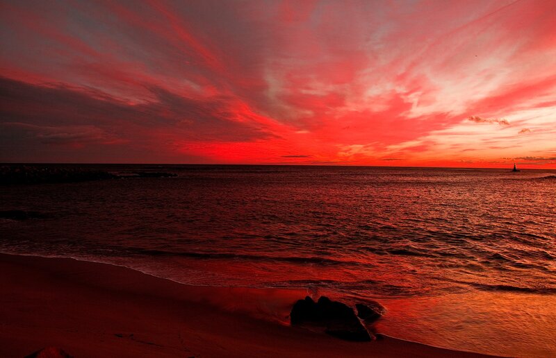 Red Sunset over Ocean — Dramatic, Photograph, Beach