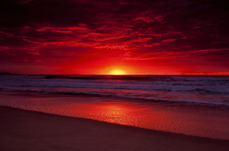 Red Sunset over Ocean — Dramatic, Photograph, Beach, Waves, Sky