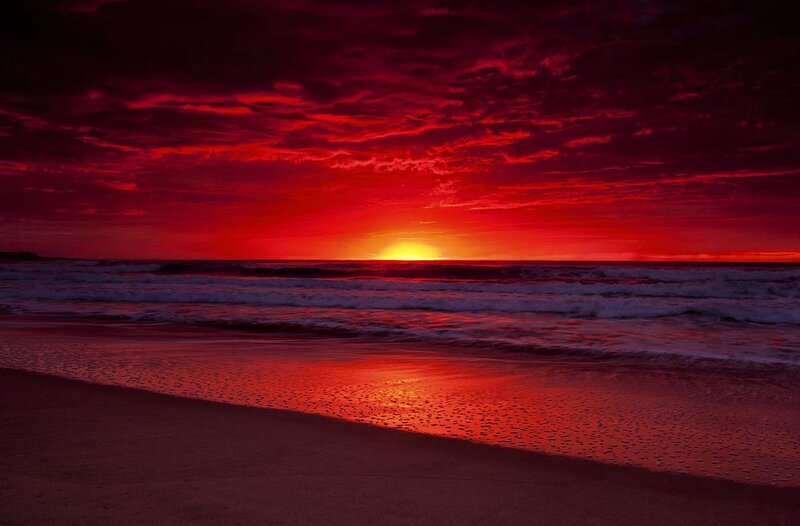 Red Sunset over Ocean — Dramatic, Photograph, Beach, Waves