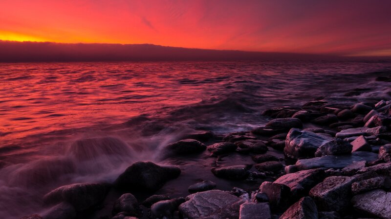 Red Sunset over Ocean — Dramatic, Photograph, Rocks, Sky