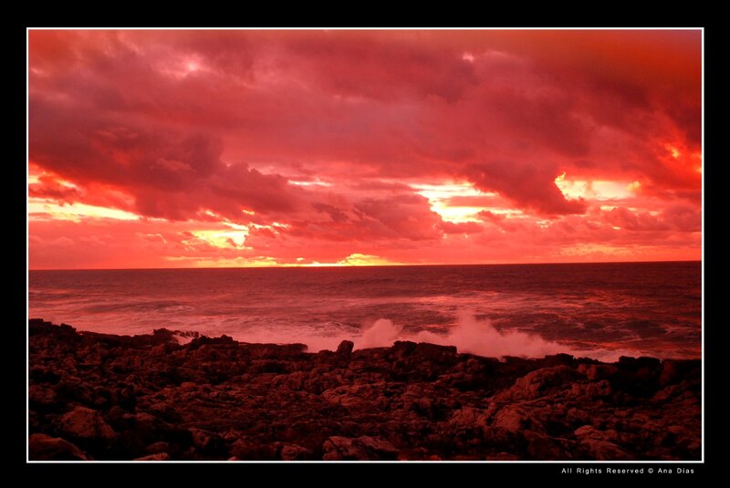 Red Sunset over Ocean — Dramatic, Photograph, Rocks