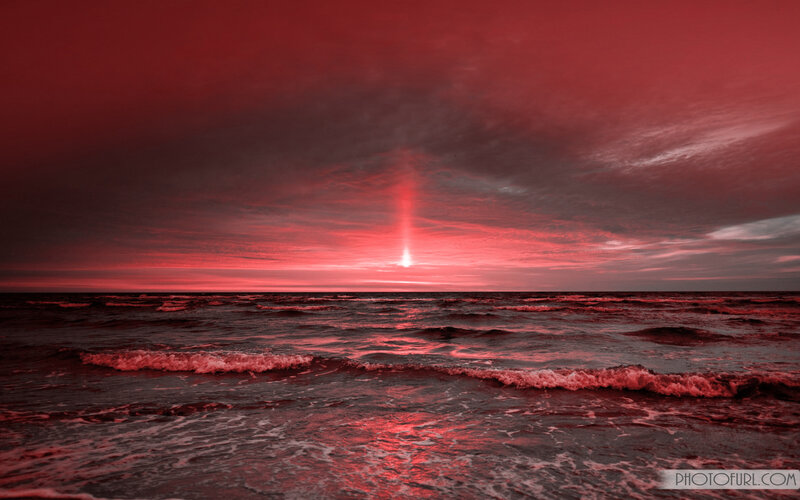 Red Sunset over Ocean — Dramatic, Photograph, Sky