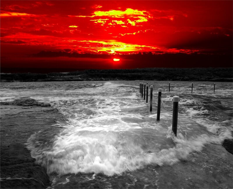Red Sunset over Ocean — Dramatic, Photograph