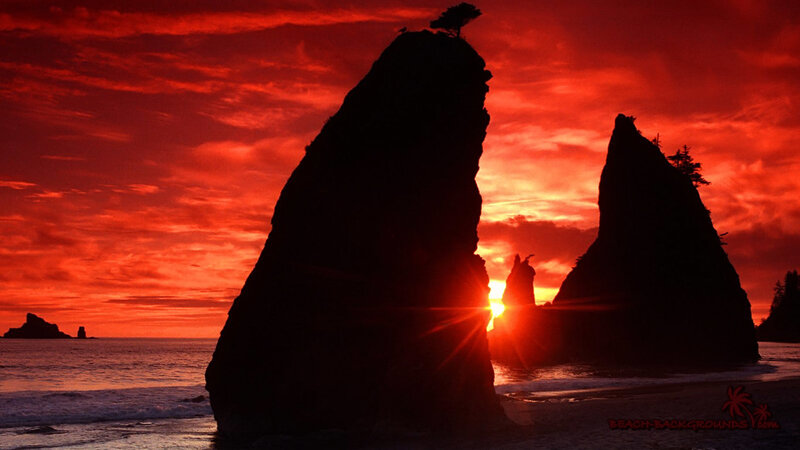 Red sunset over sea stacks