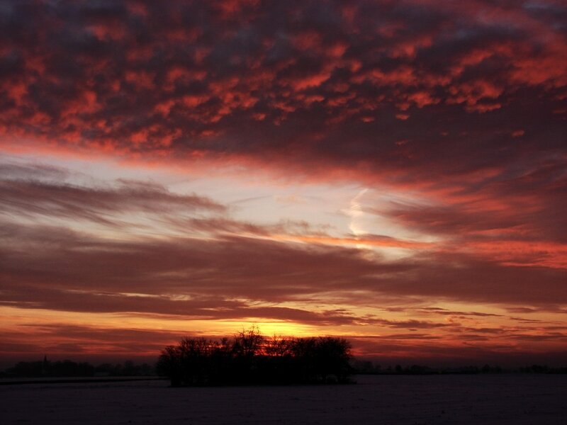 Red sunset over snowy field