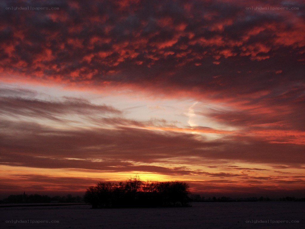 Red sunset over snowy field