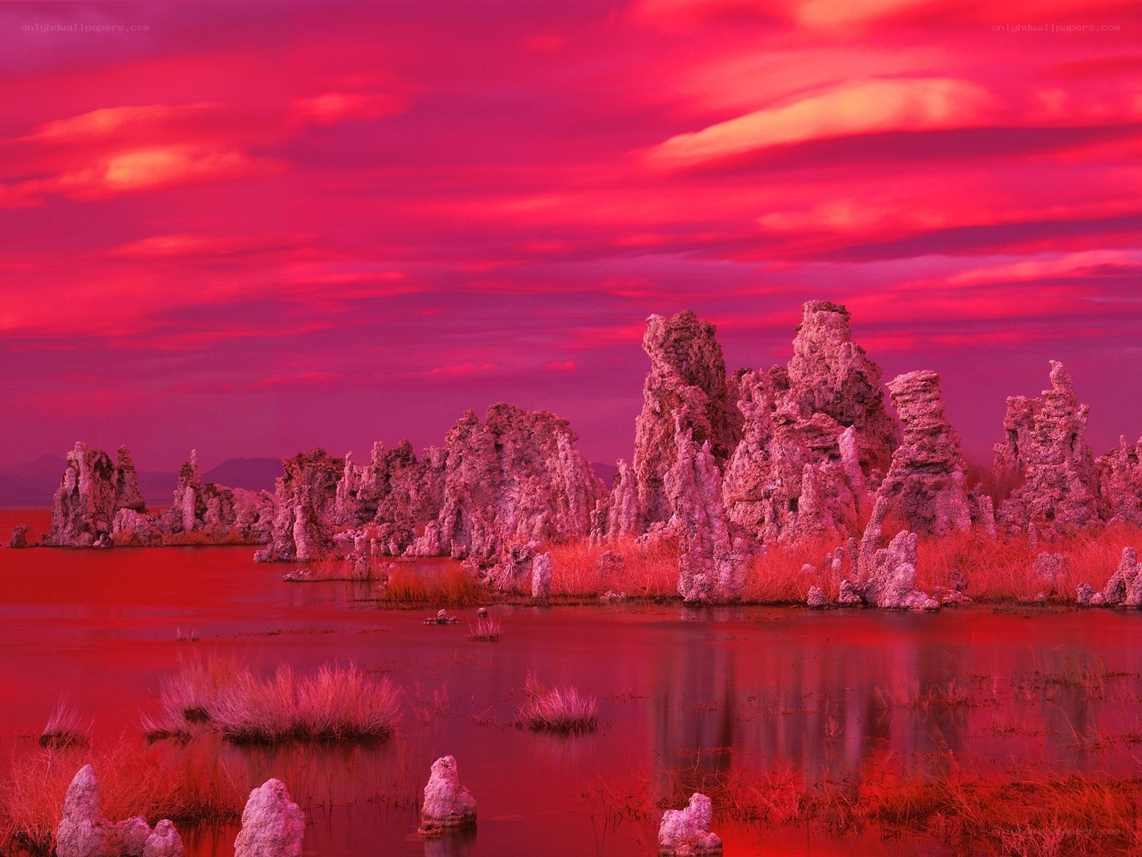 Red sunset over tufa formations