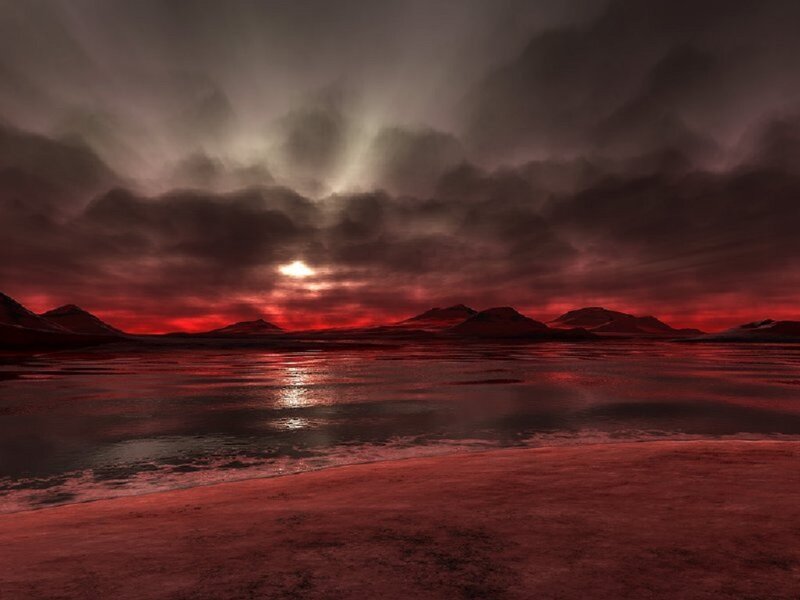 Red Sunset over Water — Dramatic, Digital Art