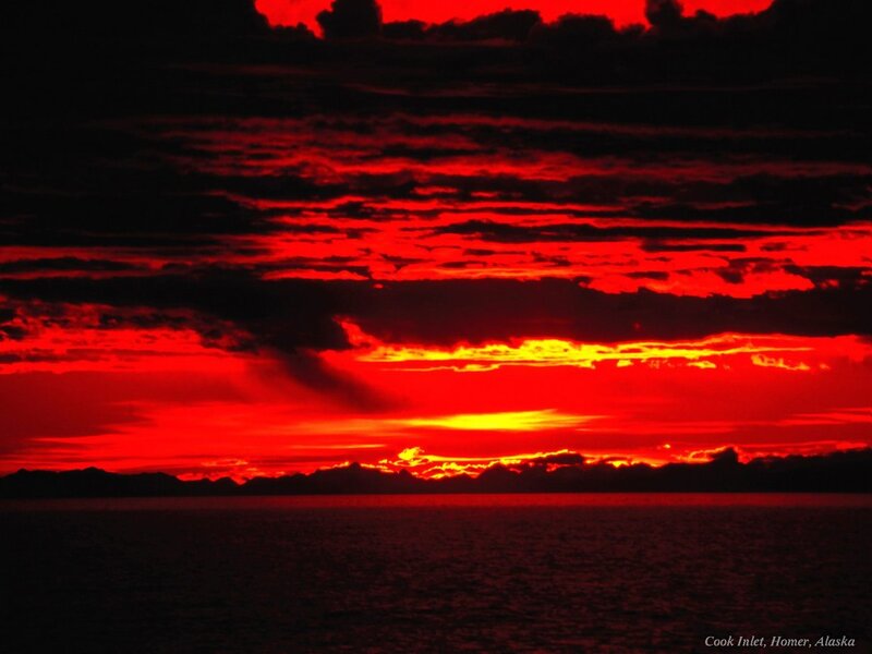 Red Sunset over Water — Dramatic, Photograph, Clouds, Sea