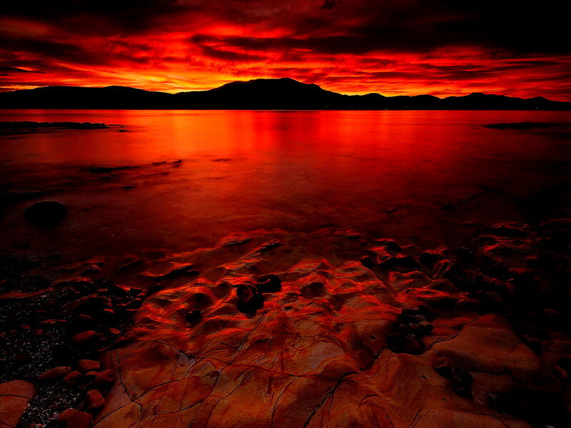 Red Sunset over Water — Dramatic, Photograph, Mountains