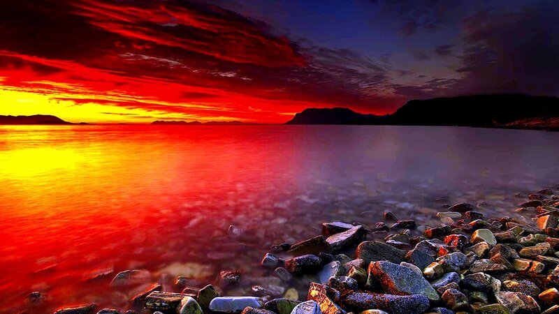 Red Sunset over Water — Dramatic, Photograph, Rocks, Mountains