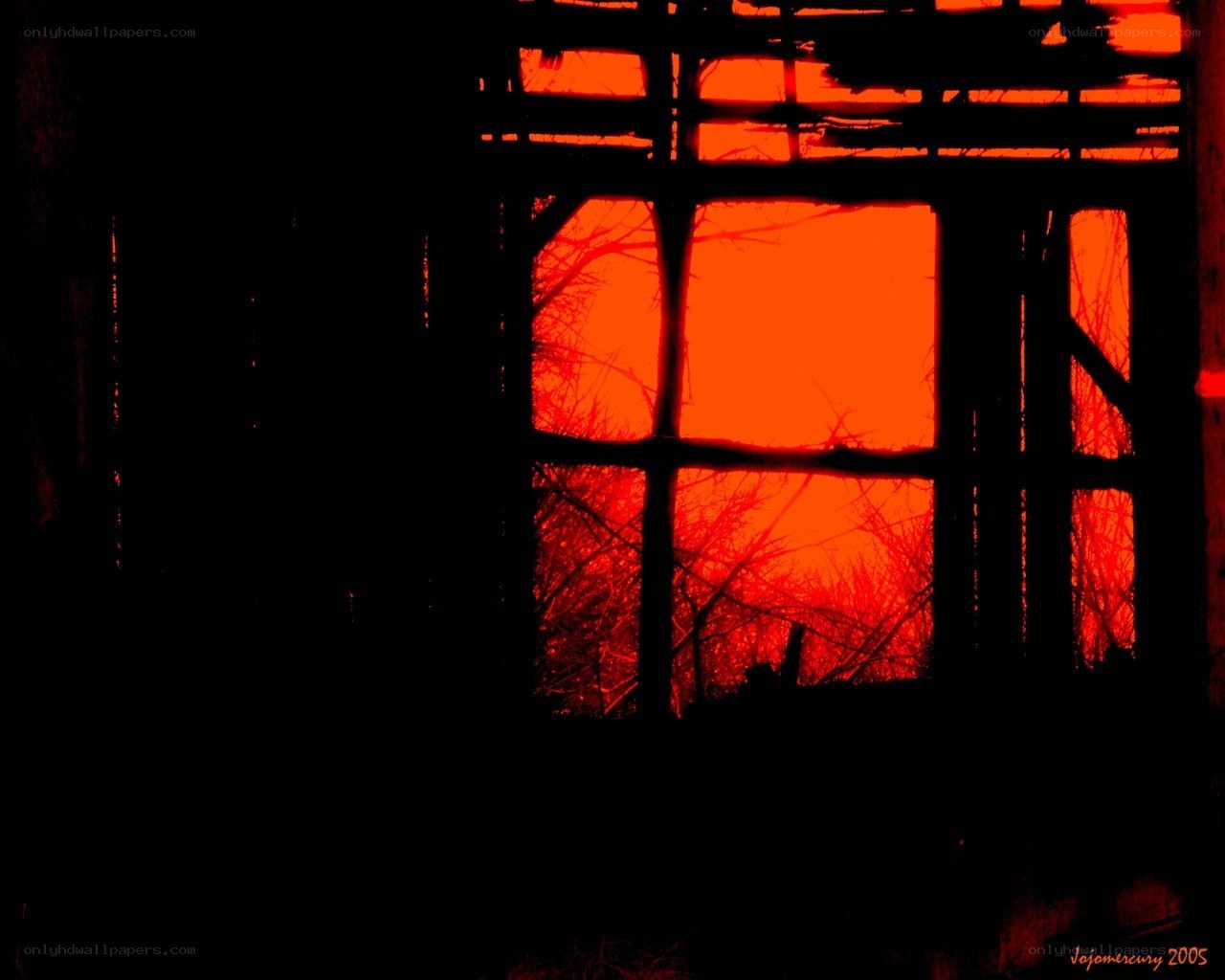 Red sunset through broken window