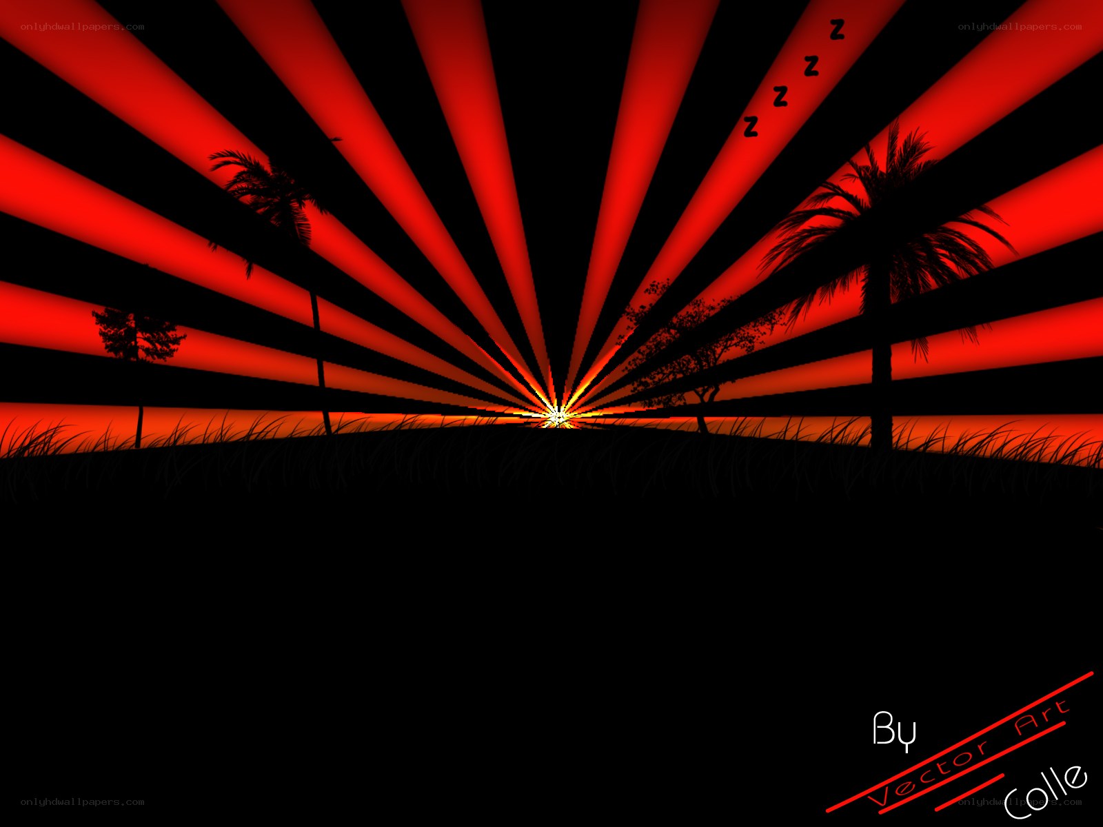 Red sunset with palm trees