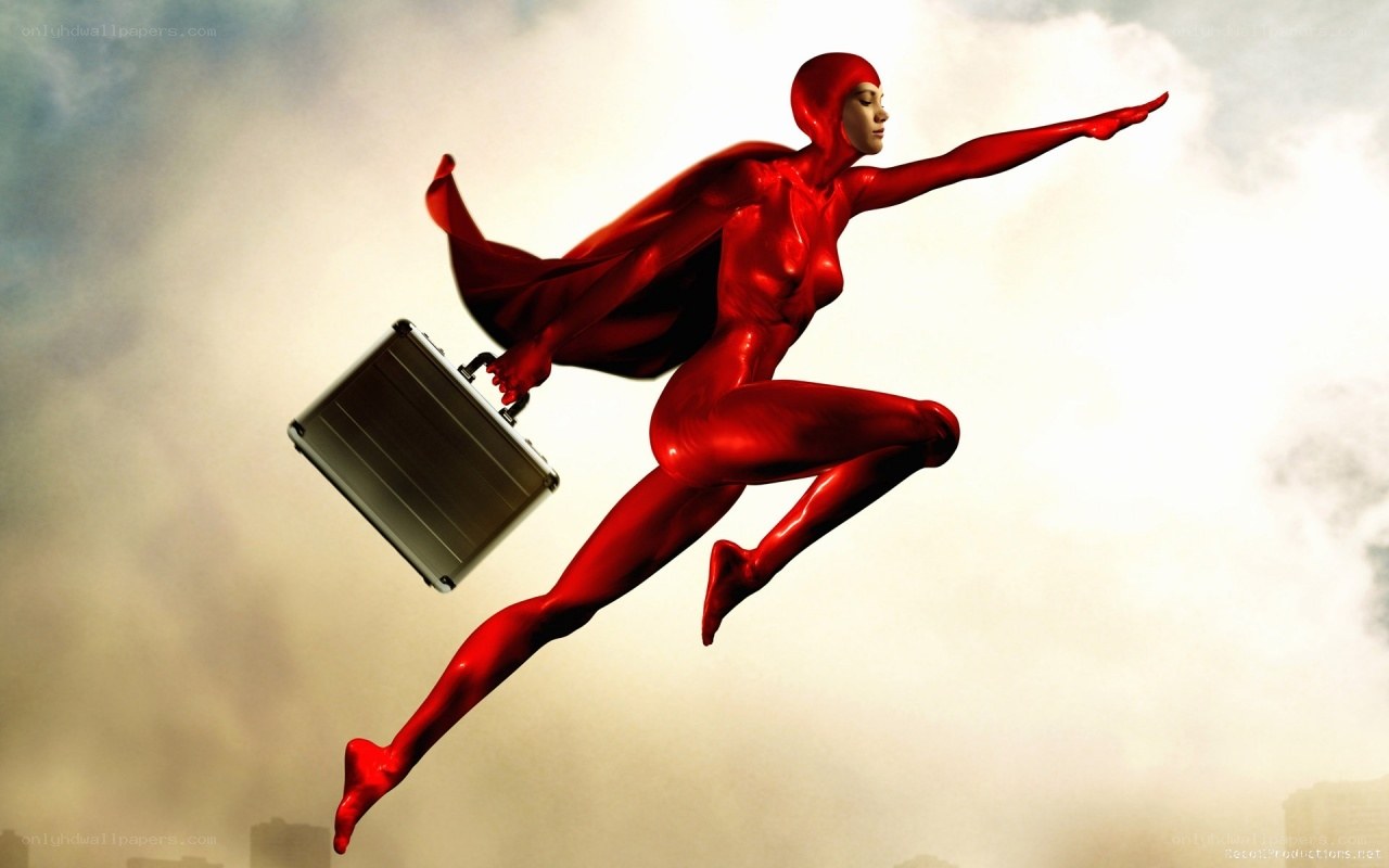 red superhero flying with briefcase