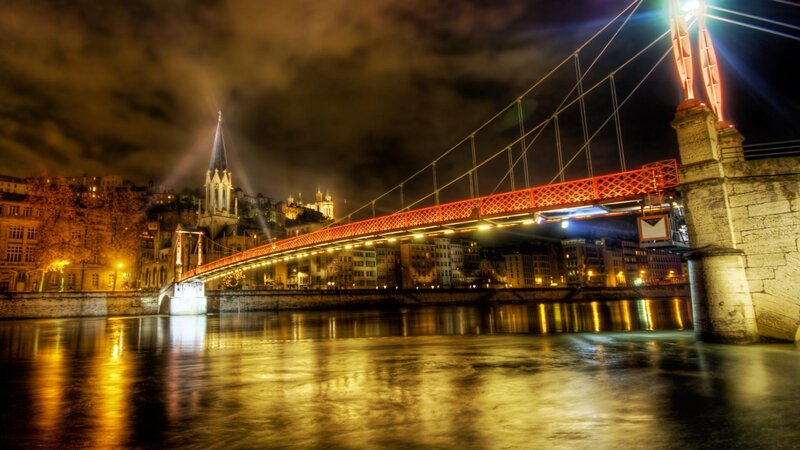 Red Suspension Bridge at Night — Yellow