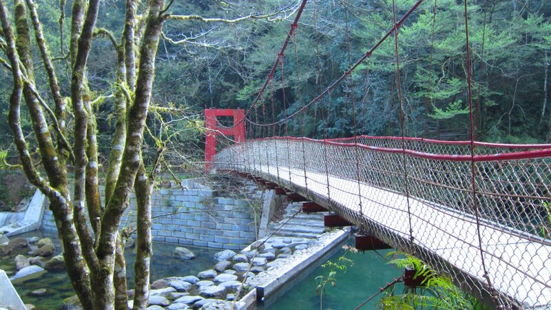 Red Suspension Bridge — Green, Serene, Morning