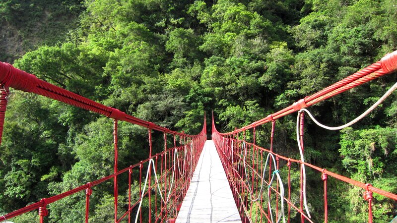 Red Suspension Bridge — Serene, Afternoon, Photograph