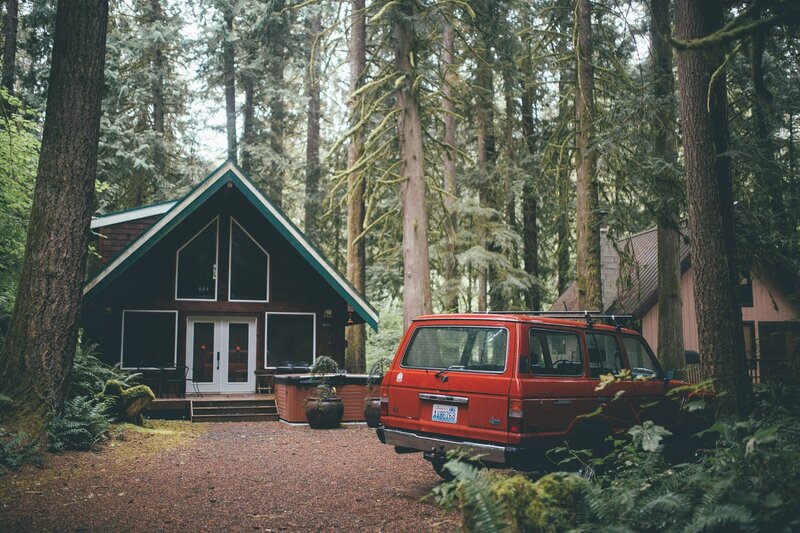 Red Suv in Forest — Green