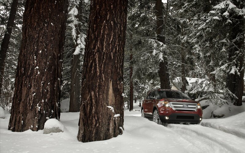 Red SUV in snowy forest