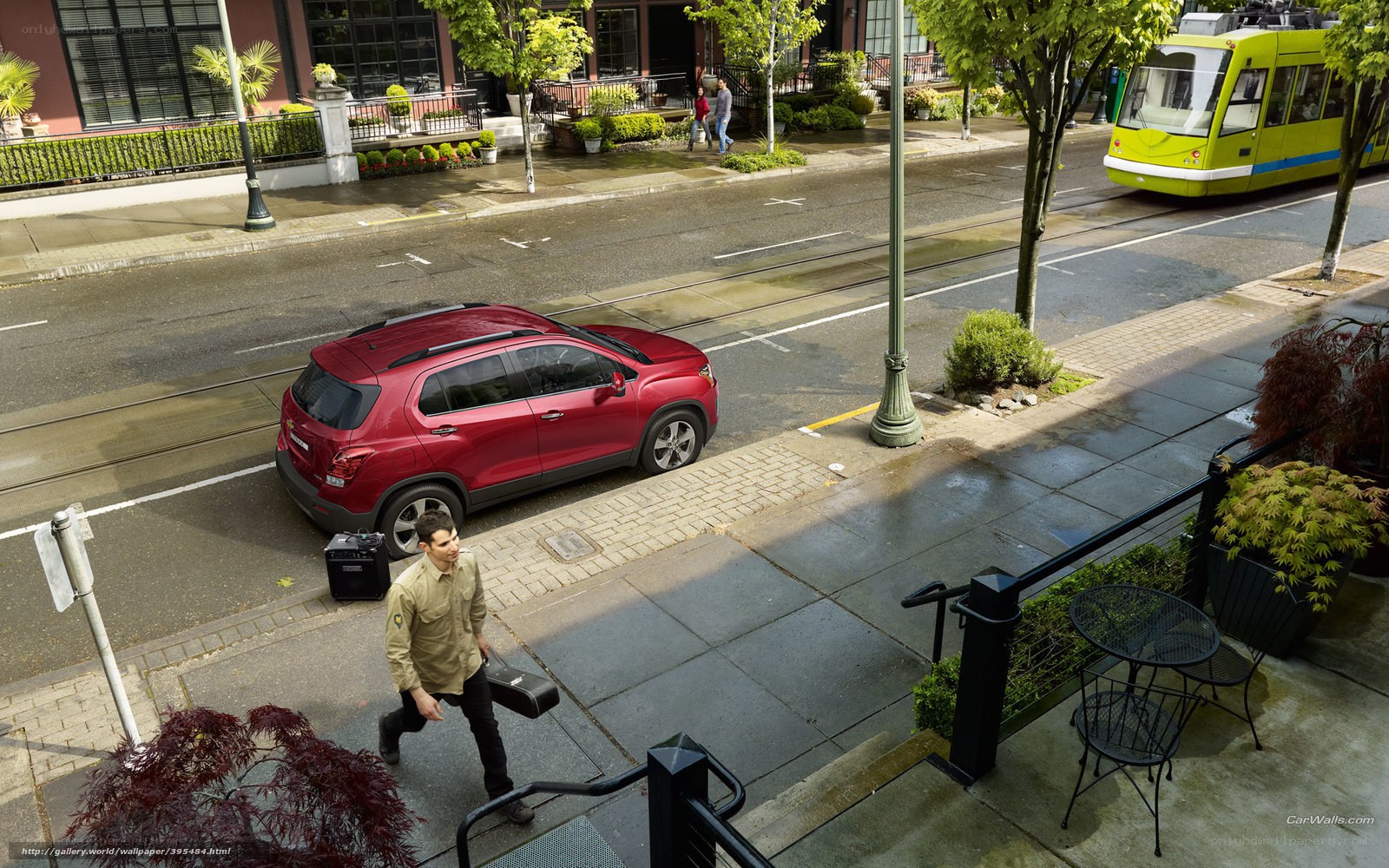 Red SUV on city street