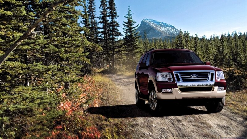 Red SUV on forest trail