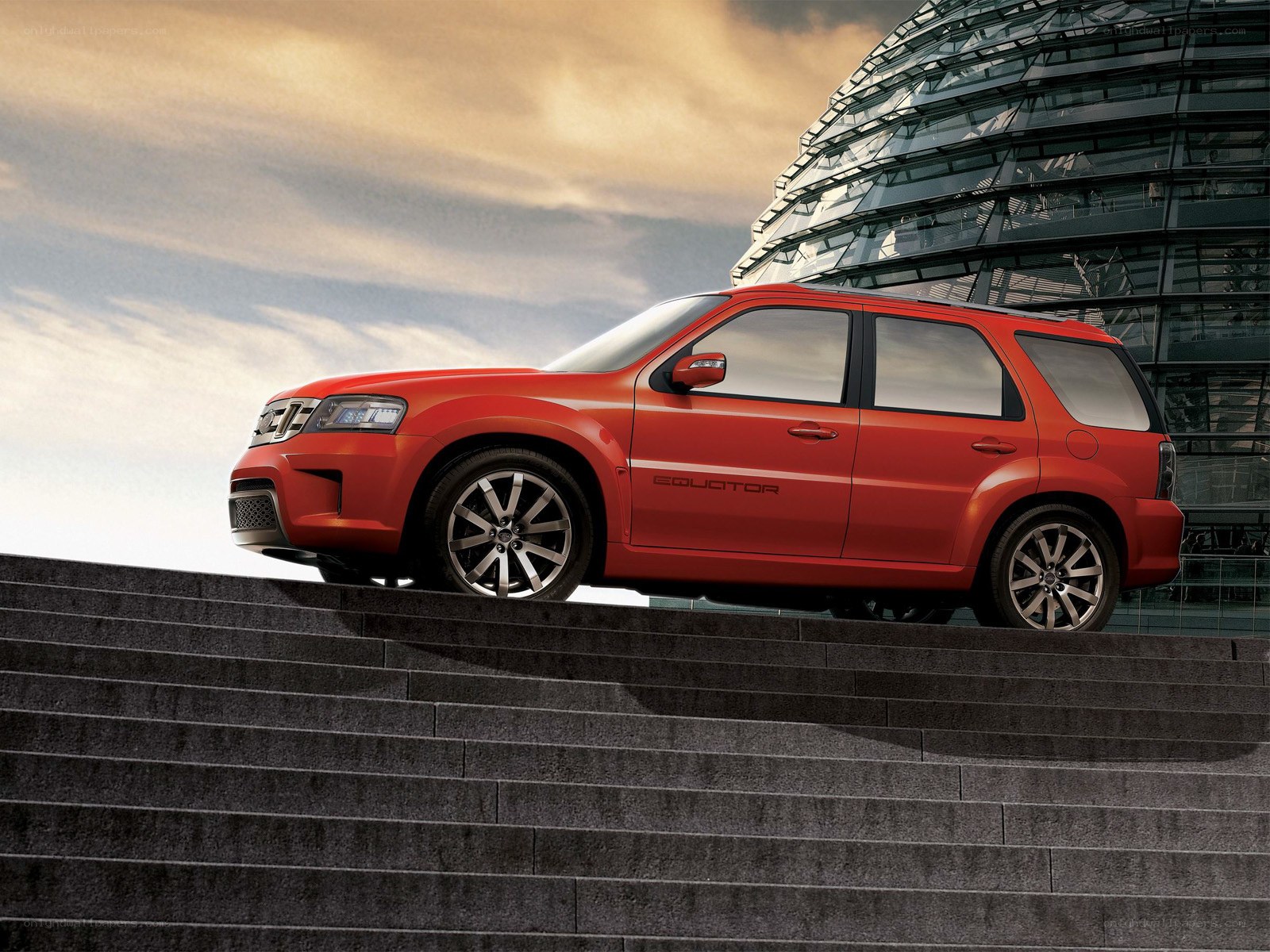 Red SUV on stone steps
