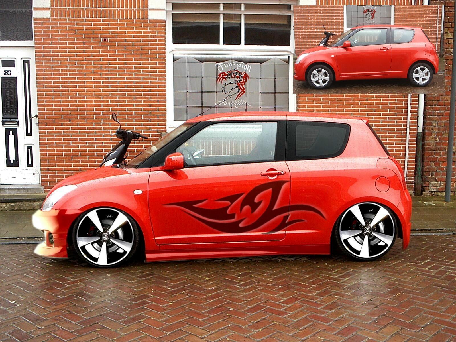 Red Suzuki Swift with custom graphics