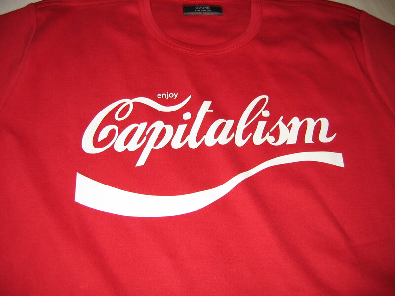 red t-shirt with capitalism text
