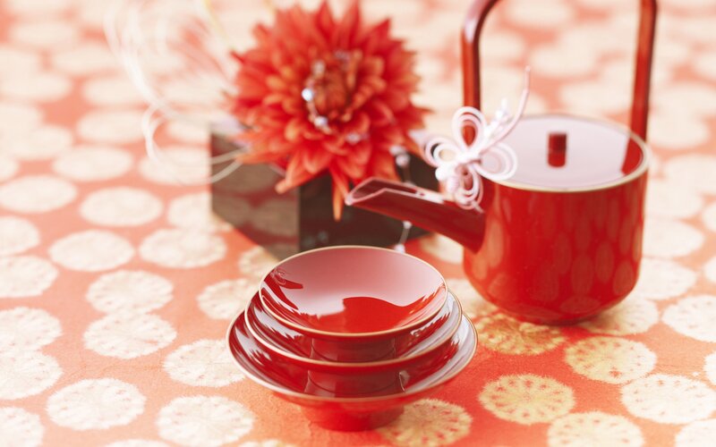 Red Tea Set on Table — Calm, Photograph, Flower, Teapot, Bowl