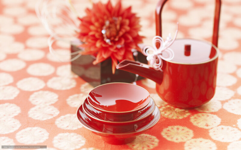 Red Tea Set on Table — Calm, Photograph, Flower