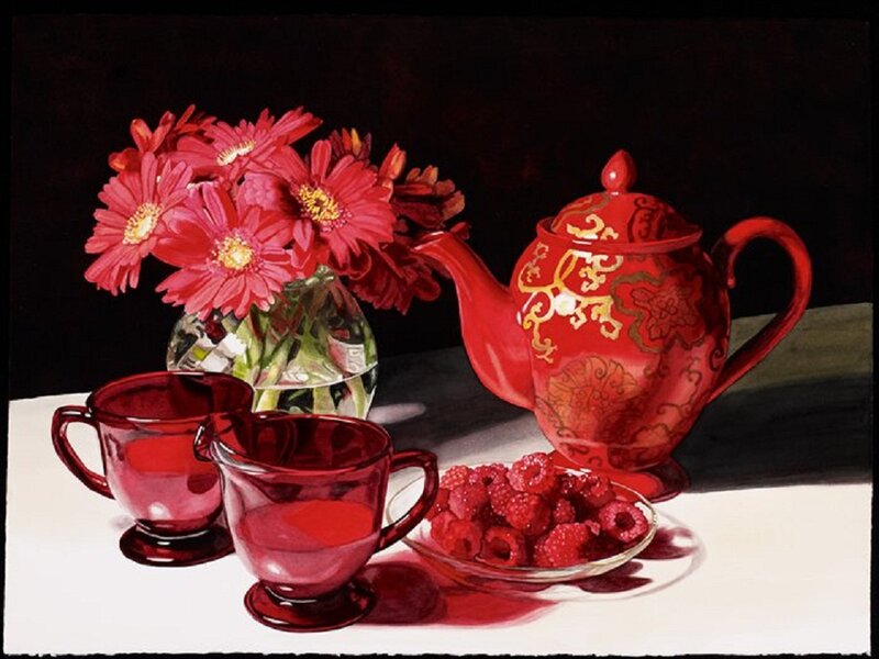 Red Teapot and Flowers