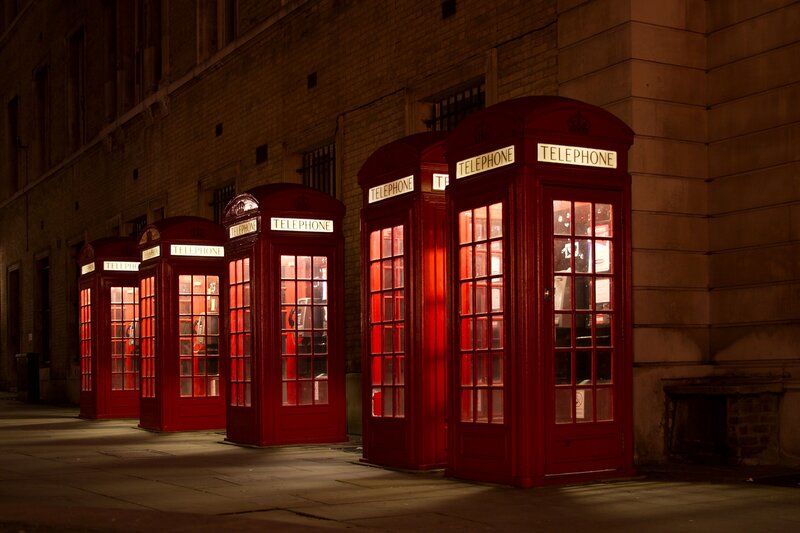 Red Telephone Booths — Dramatic, Night