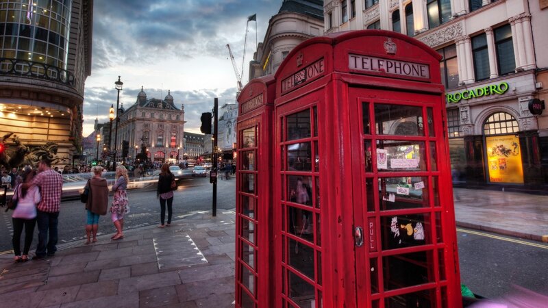 Red Telephone Booths — Dramatic, Sunset, Photograph, People