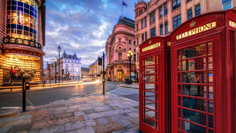 Red Telephone Booths — Dramatic, Sunset, Photograph