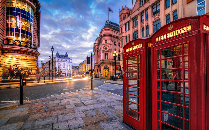 Red Telephone Booths — Dramatic, Sunset