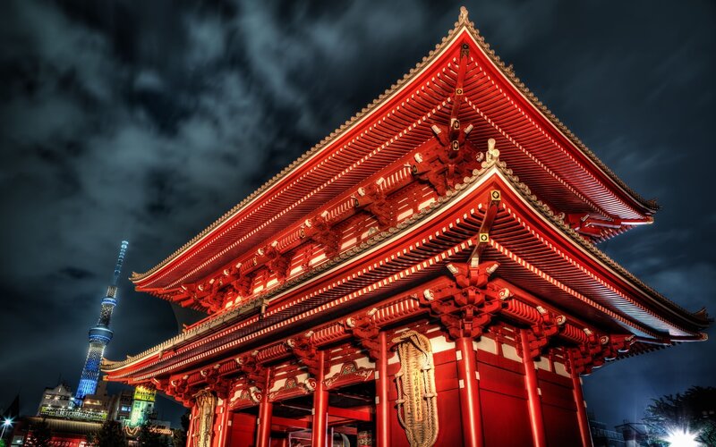 Red Temple at Night — Dramatic, Photograph