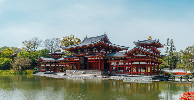 Red Temple by Lake — Serene