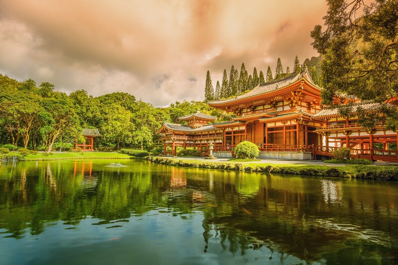 Red Temple by Pond — Green, Serene, Sunset, Photograph