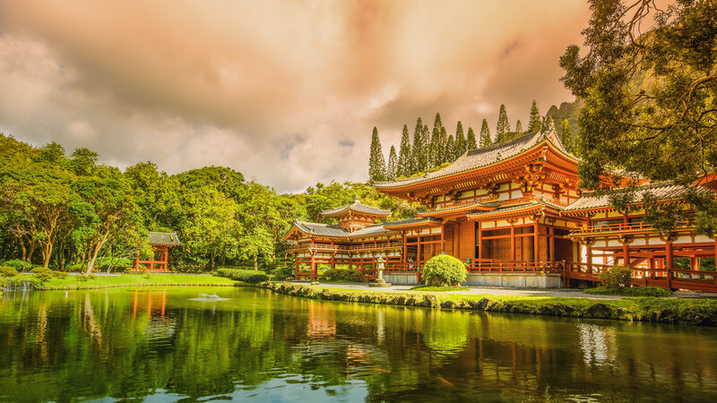 Red Temple by Pond — Green, Serene, Sunset