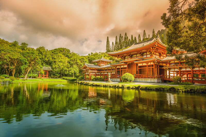Red Temple by Pond — Green, Serene