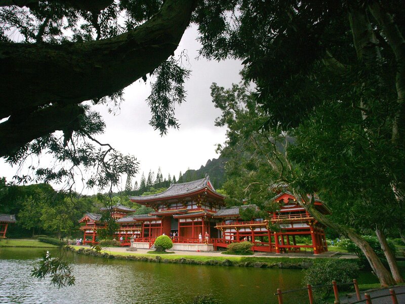 Red Temple by Pond — Green