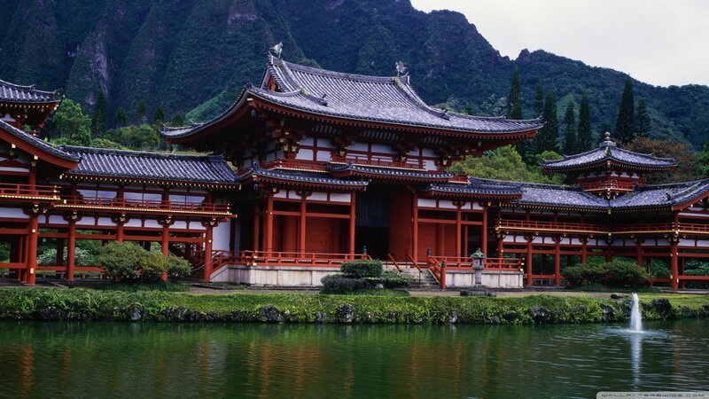 Red Temple by Pond — Serene, Afternoon