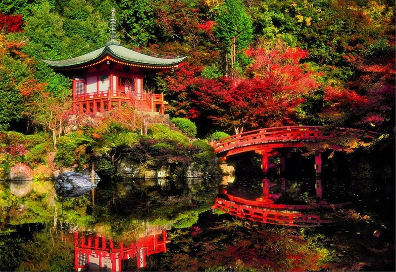 Red Temple by Pond — Serene, Autumn