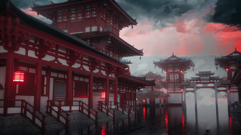 Red Temple Complex — Dramatic, Night