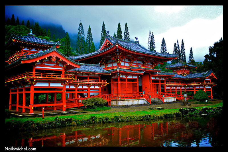 Red temple in a misty forest