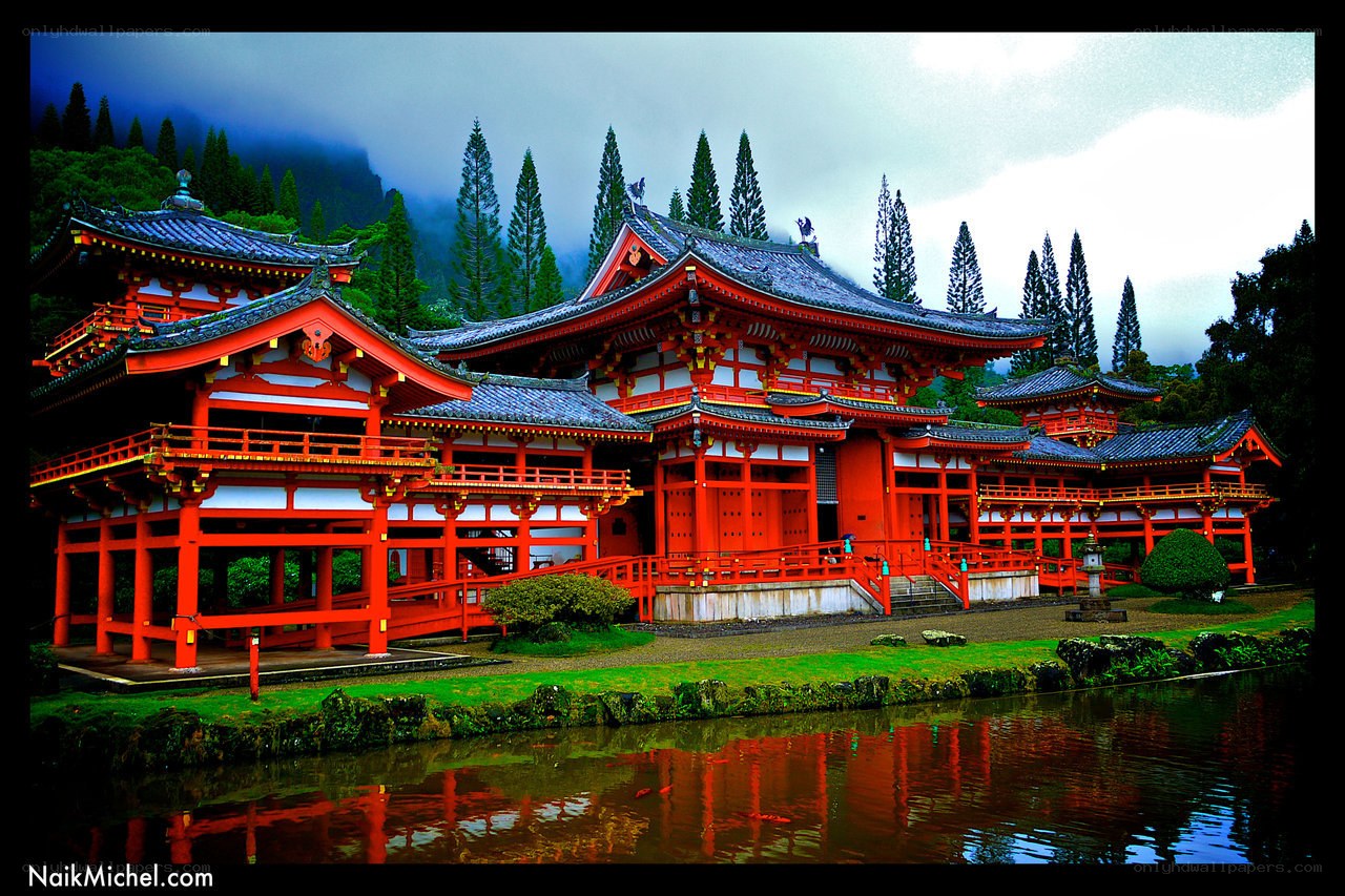 Red temple in a misty forest