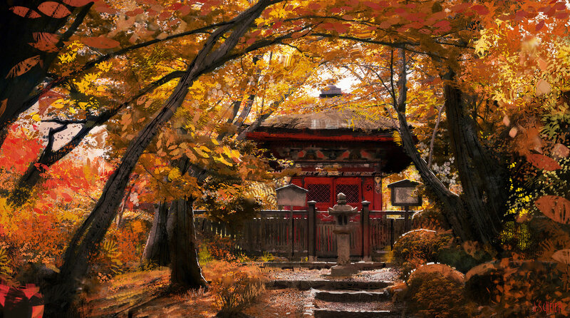 Red Temple in Autumn — Orange